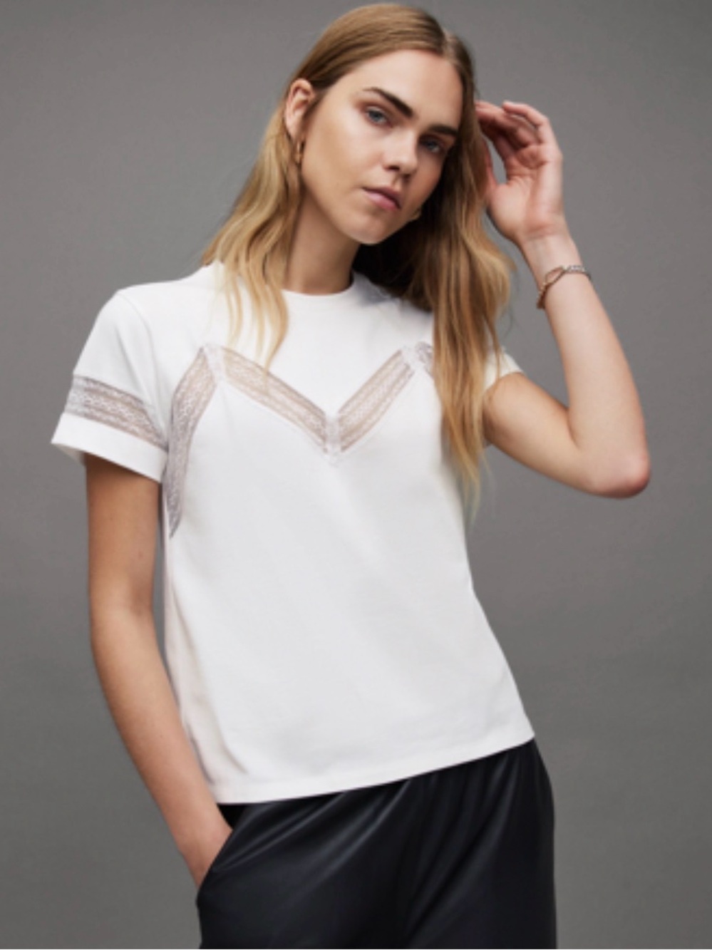All Saints White Lace-Trim Short Sleeve Boxy Tee US 8 / UK 12